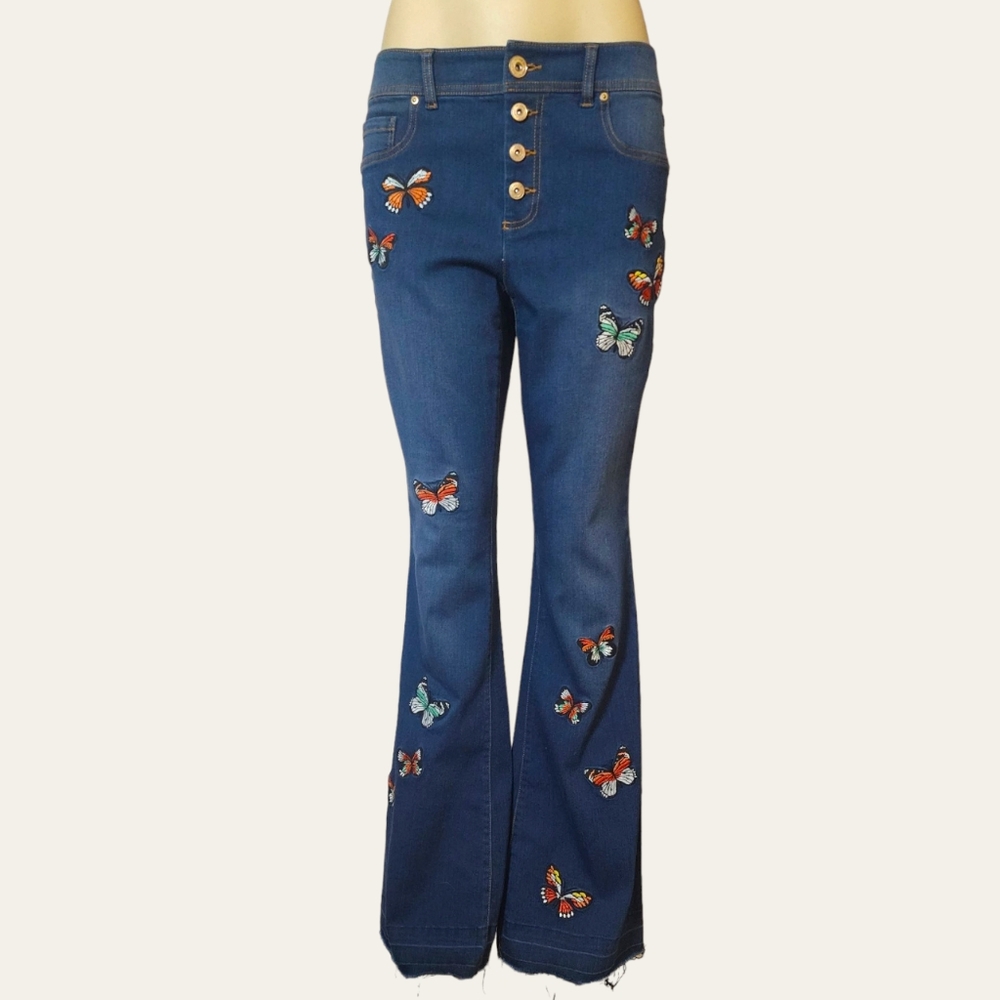 INC International Concepts Blue Embroidered Butterfly Flare Jeans